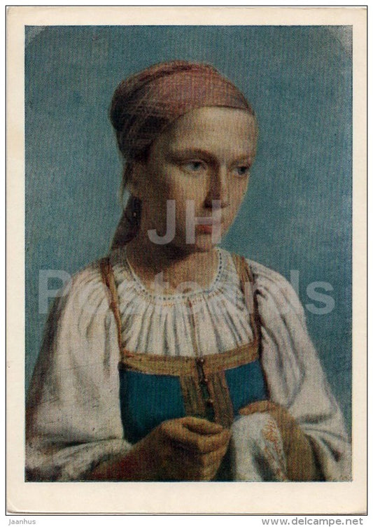 painting by A. Venetsianov - A peasant girl with embroidery - Russian art - 1959 - Russia USSR - unused - JH Postcards