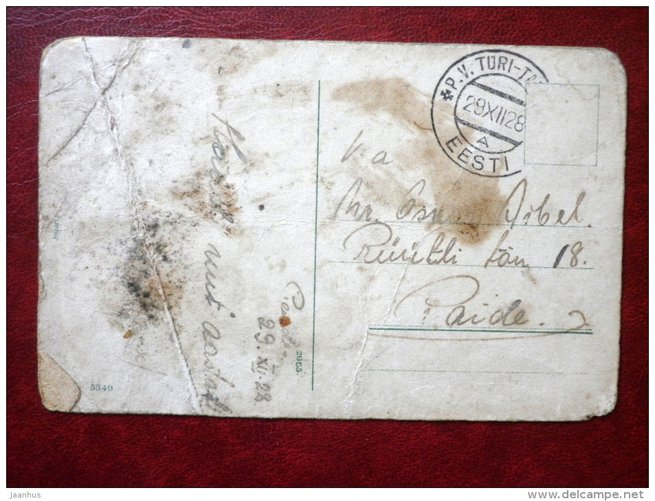 New Year Greeting Card - roe deer - church - winter - houses - 5549 - circulated in 1928 - Estonia - used - JH Postcards