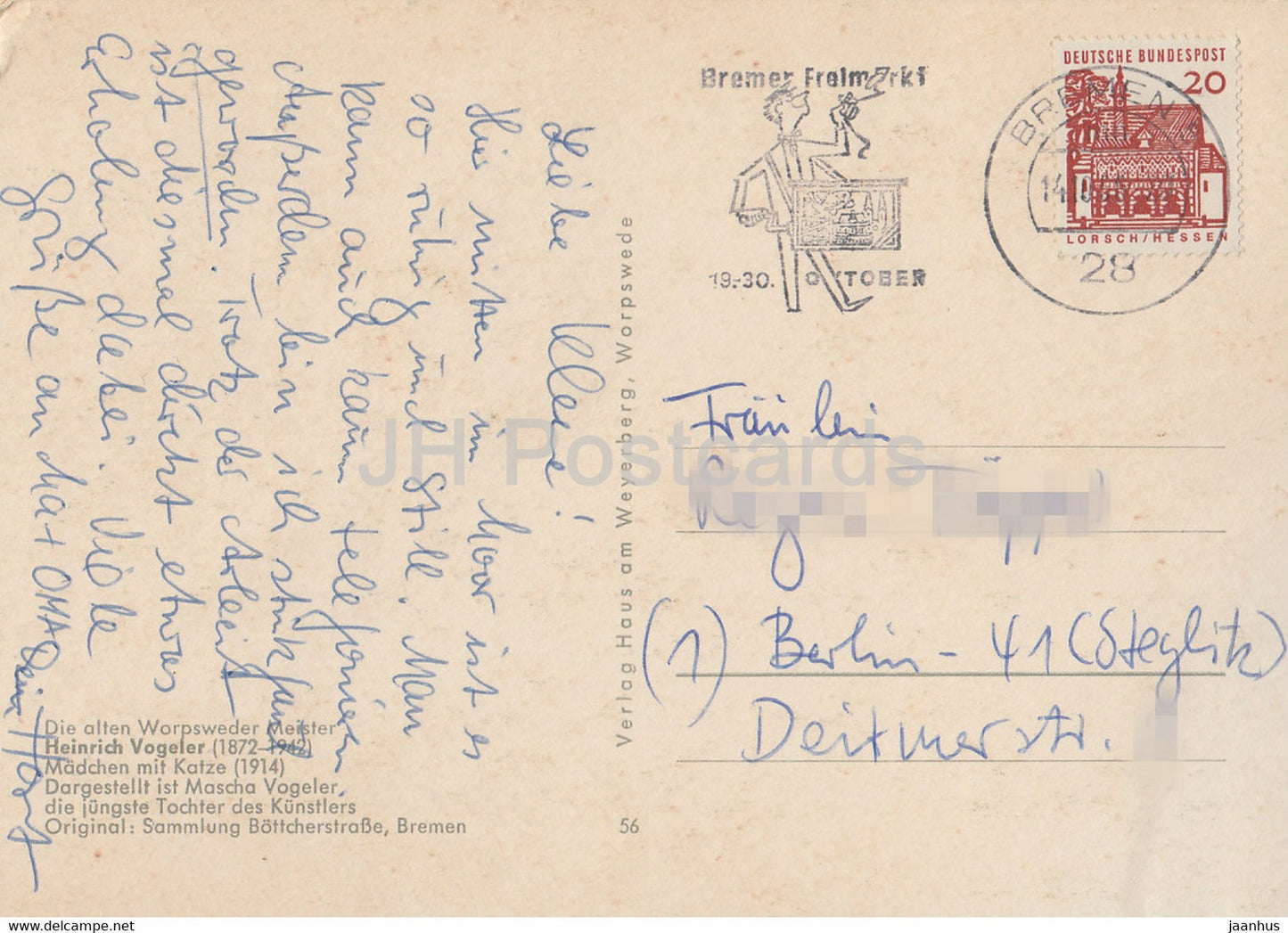 painting by Henrich Vogeler - Madchen mit Katze - German art - Germany - used