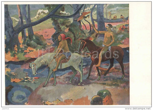 painting by Paul Gauguin - Ford - river crossing - horses - french art - unused - JH Postcards