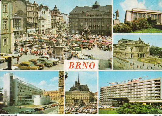 Brno - 25th February square - cars - theatre - hotel International - Czechoslovakia - Czech Republic - 1979 - used - JH Postcards