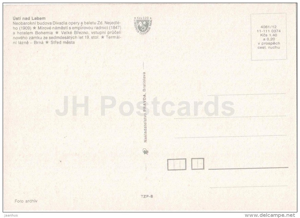 Opera and Ballet theatre -  Peace square - hotel Bohemia - Velke Brezno Usti nad Labem - Czechoslovakia - Czech - unused - JH Postcards