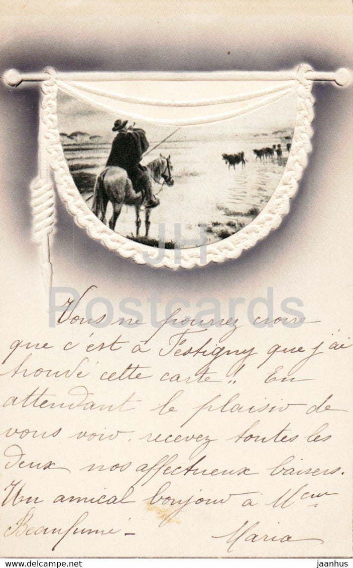 horse - sea - illustration - old postcard - France - used - JH Postcards