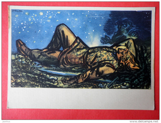 illustration by E. Okas - Stealing the Sword - Kalevipoeg - Estonian national epic poem - 1961 - Estonia USSR - unused - JH Postcards