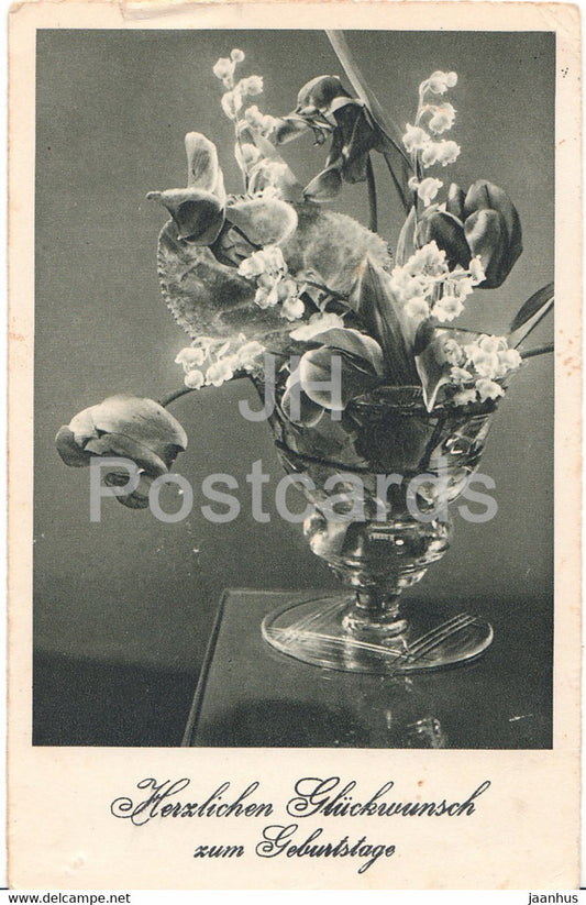 Herzlichen Gluckwunsch zum Geburtstage - flowers - vase - old postcard - 1939 - Germany - used - JH Postcards