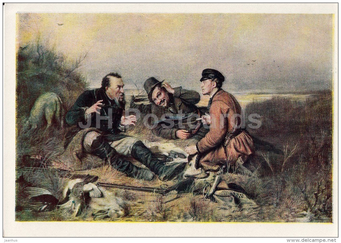 painting by V. Perov - 1 - Hunters at Rest , 1871 - hare - Russian art - 1960 - Russia USSR - unused - JH Postcards