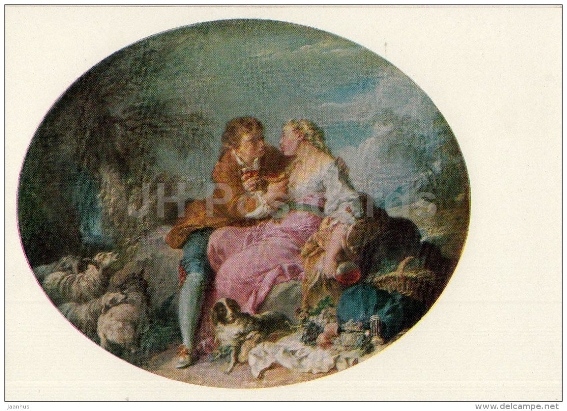 painting by Francois Boucher - Pastoral Scene - dog - sheep - French Art - 1970 - Russia USSR - unused - JH Postcards