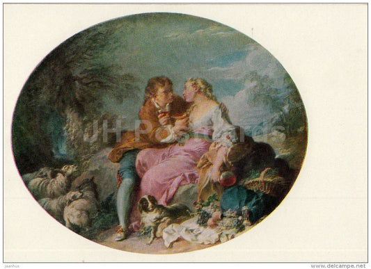 painting by Francois Boucher - Pastoral Scene - dog - sheep - French Art - 1970 - Russia USSR - unused - JH Postcards