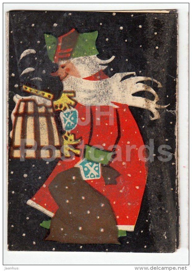 New Year mini Greeting card by M. Fuks - Santa Claus - beer mug - 1964 - Estonia USSR - used - JH Postcards