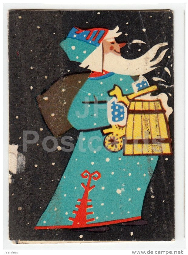 New Year mini Greeting card by M. Fuks - Santa Claus - beer mug - 1964 - Estonia USSR - used - JH Postcards