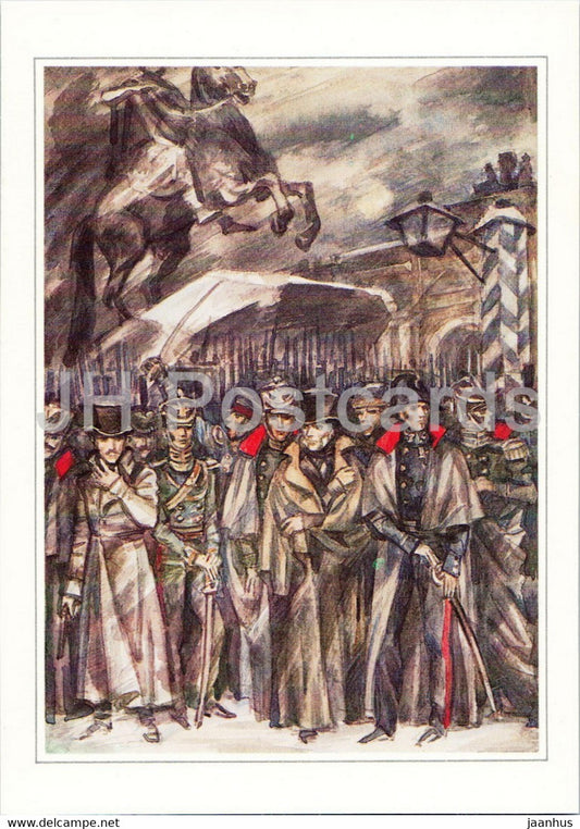 Russian writer Alexander Pushkin - 1825 Decembrists at the Senat Square - illustration - 1984 - Russia USSR - unused - JH Postcards