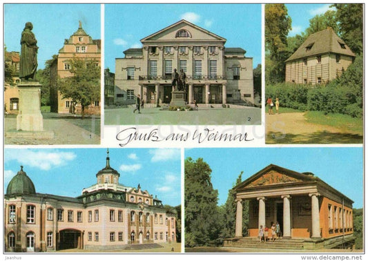 Gruss aus Weimar - Herder-Denkmal - Deutsches Nationaltheater - Goethes Gartenhaus - 8990 - Germany - 1977 gelaufen - JH Postcards