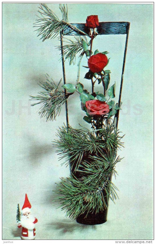 red roses - pine branches - ikebana - composition - Winter Motives - 1976 - Russia USSR - unused - JH Postcards