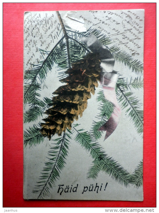 new year greeting card - cone - spruce branch - D&C Serie 2503 - circulated in Imperial Russia Moscow 1907 - JH Postcards