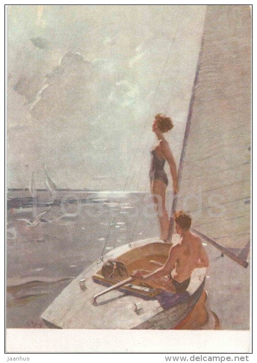 painting by V. Rutstein - On Yacht - sailing boat - russian art - unused - JH Postcards