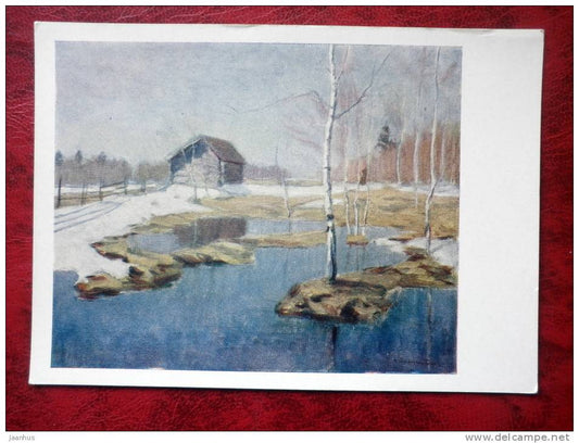 Painting by W. K. Bialynicki-Birula - spring waters - nature - russian art - unused - JH Postcards
