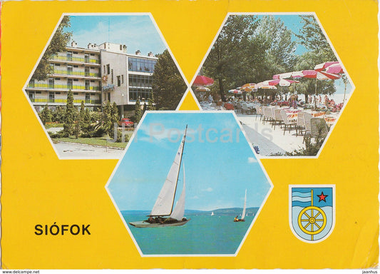 Siofok - sailing boat - hotel - beach - multiview - 1980s - Hungary - used - JH Postcards
