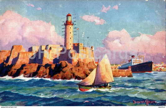Havana - Morro Castle - lighthouse - boat - ship - Dollar Steamship Lines - old postcard - 1933 - Cuba - used - JH Postcards