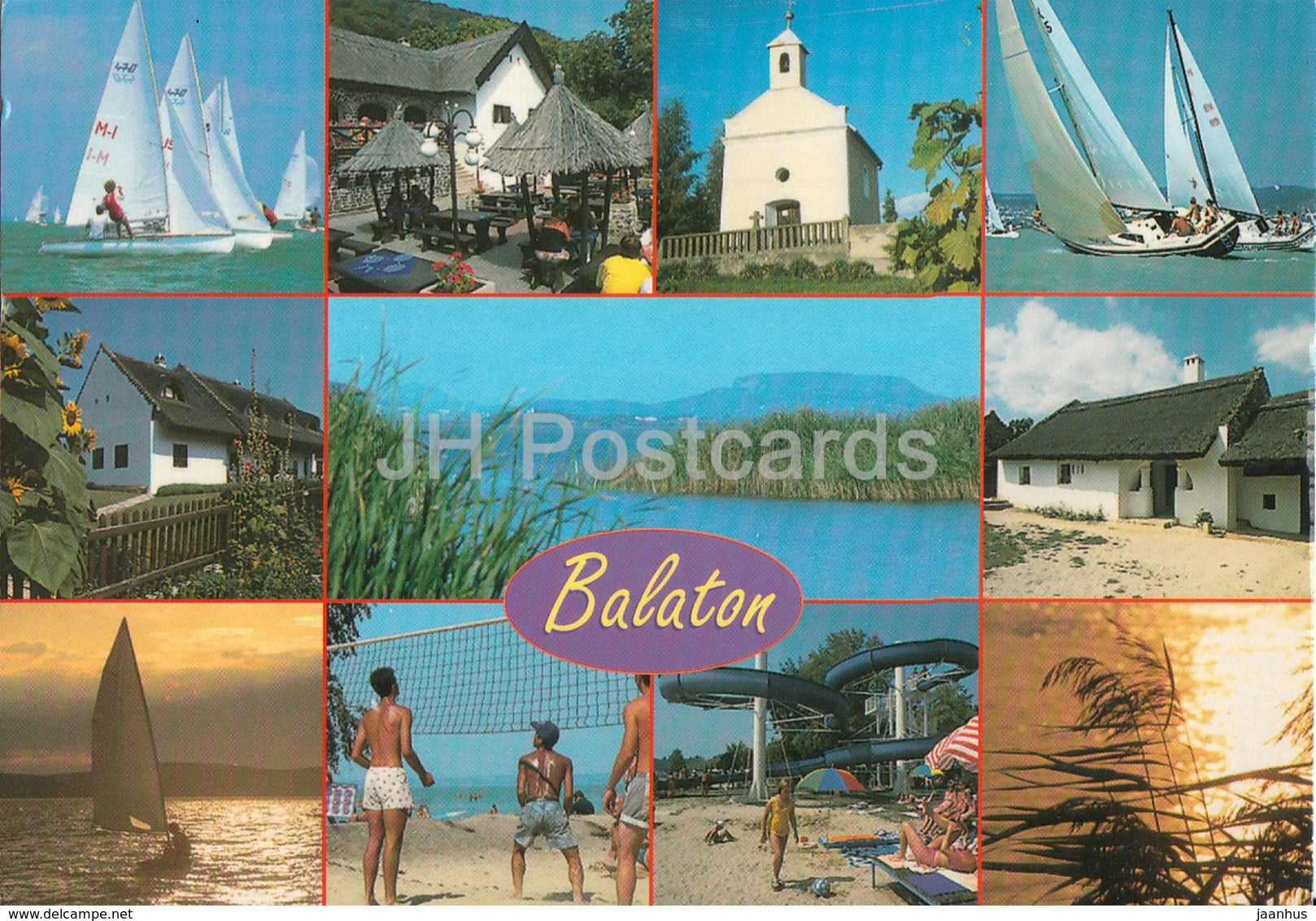 Greetings from Balaton - church - sailing boat - volleyball - multiview - 1998 - Hungary - used - JH Postcards