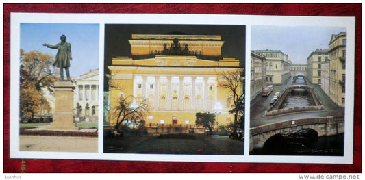 monument to Pushkin on Art square - Academic Drama Theatre - Leningrad - St. Petersburg - 1982 - Russia USSR - unused - JH Postcards