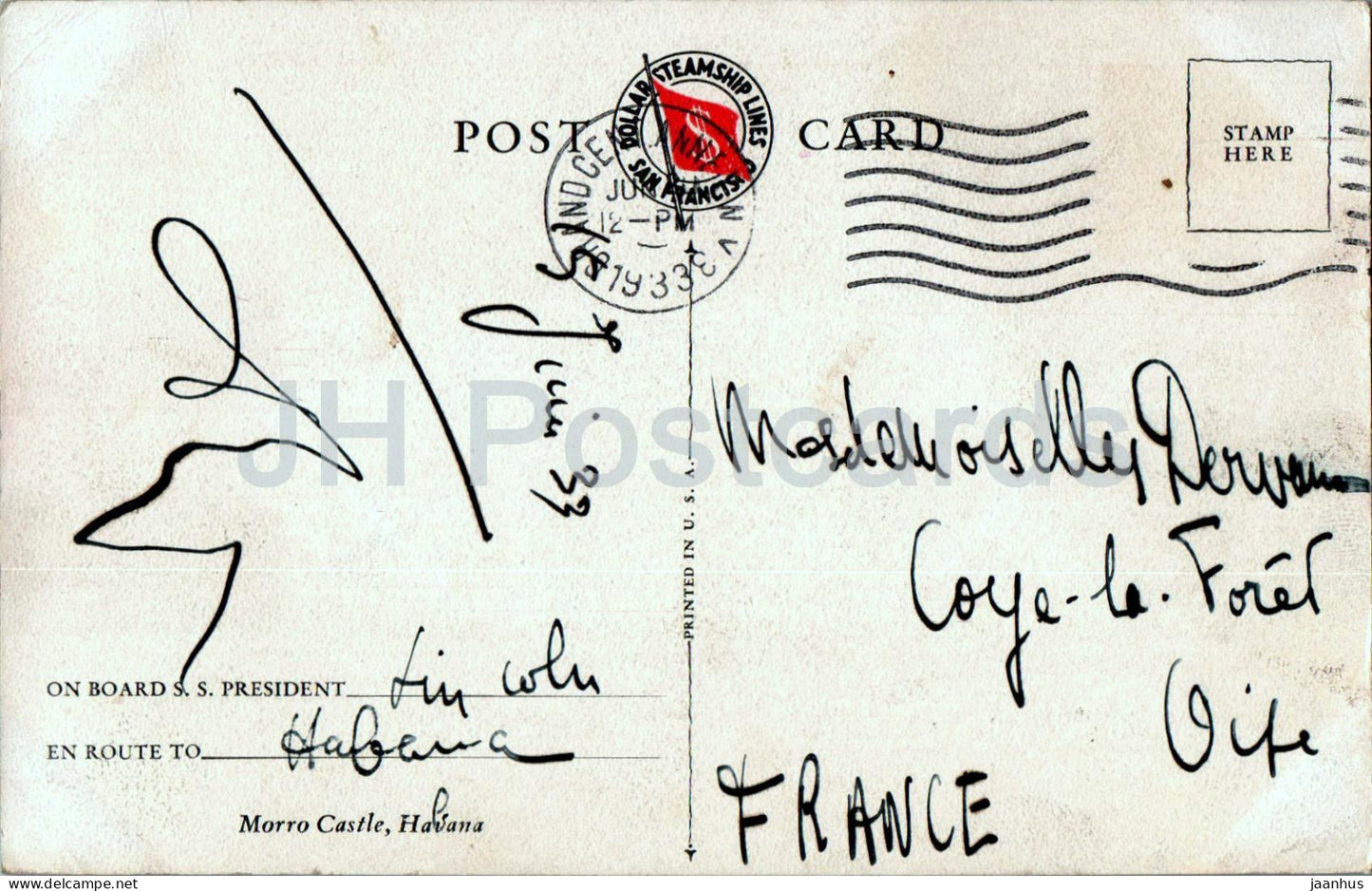 La Havane - Château de Morro - phare - bateau - navire - Dollar Steamship Lines - carte postale ancienne - 1933 - Cuba - utilisé 