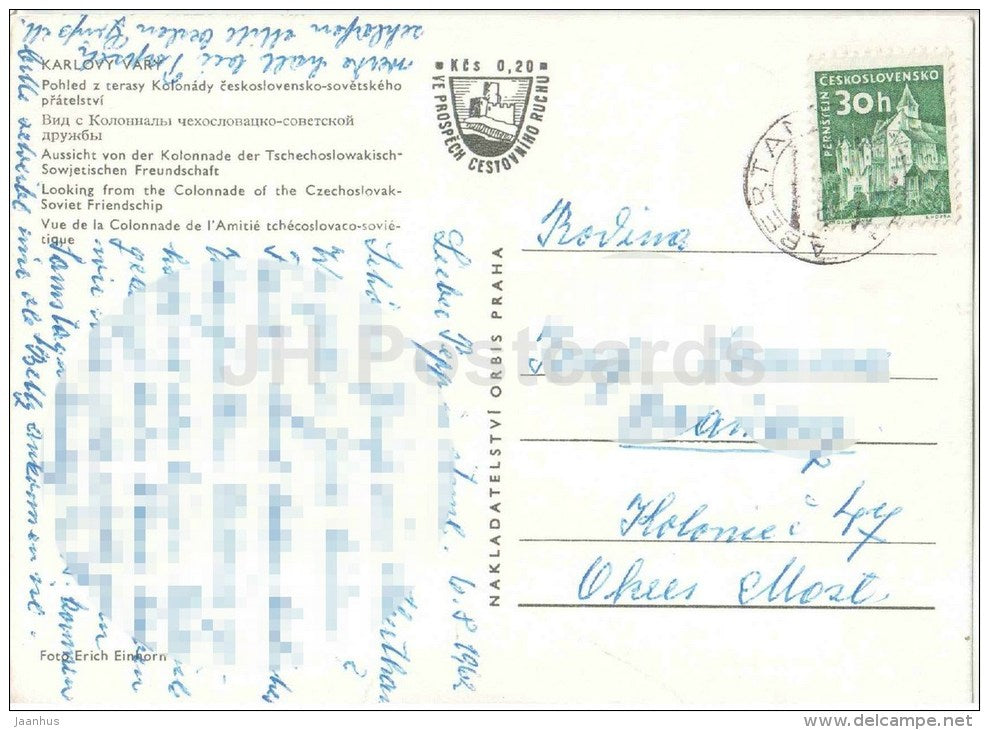 spa - Looking from the Colonnade of the Czechoslovak-Soviet Friendship Karlovy Vary - Czechoslovakia - Czech - used 1962 - JH Postcards