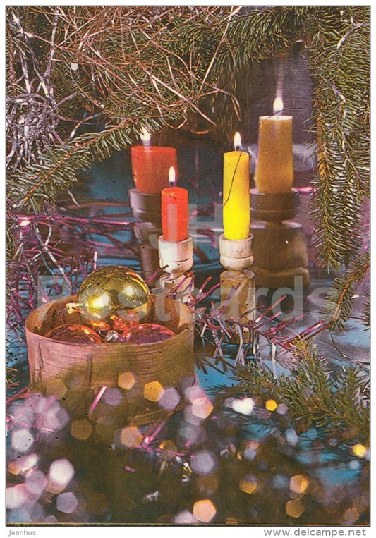 New Year Greeting card - 2 - candles - decorations - 1983 - Estonia USSR - used - JH Postcards