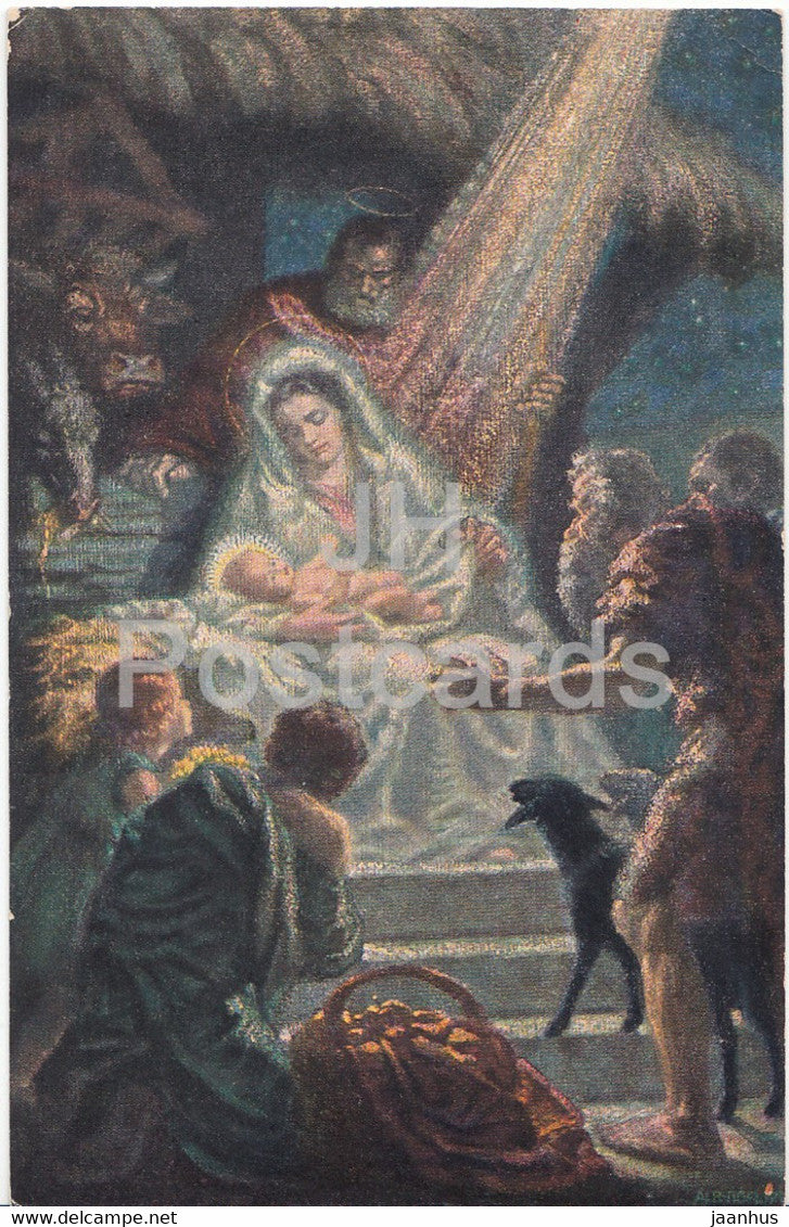 painting by Albert Figel - Adoratio pastorium - The Shepherds - German art - old postcard - 1922 - Germany - used - JH Postcards