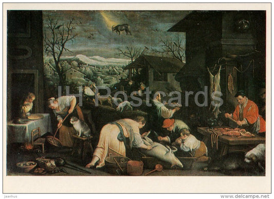 painting by Leonardo Bassano - December - pig - dog - meat - Italian art - Russia USSR - 1984 - unused - JH Postcards