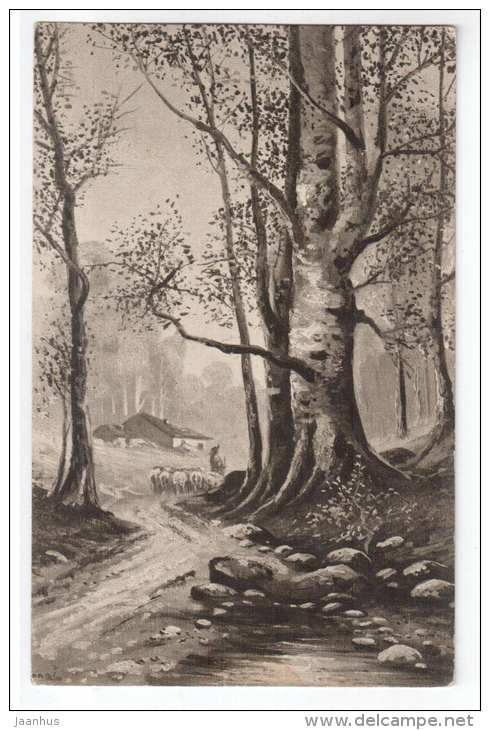 illustration - forest road - birches - Lepogravure - Processed in Austria - old postcard - circulated in Estonia - used - JH Postcards