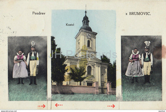 Pozdrav z Brumovic - Brumovice - church - folk costumes - old postcard - Czech Republic - used - JH Postcards
