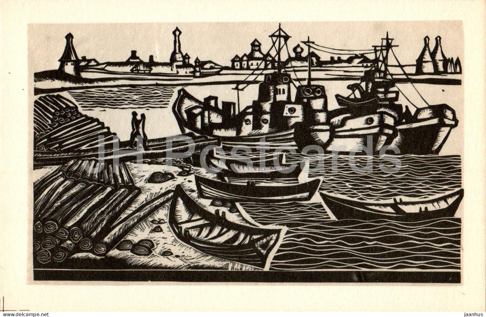 Solovki - dock - ship - boat - graphics by V. Presnyakov - 1969 - Russia USSR - unused - JH Postcards