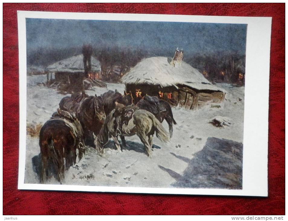 Painting by M. B. Grekov - village Platovskaya , 1934 - horses - russian art - unused - JH Postcards