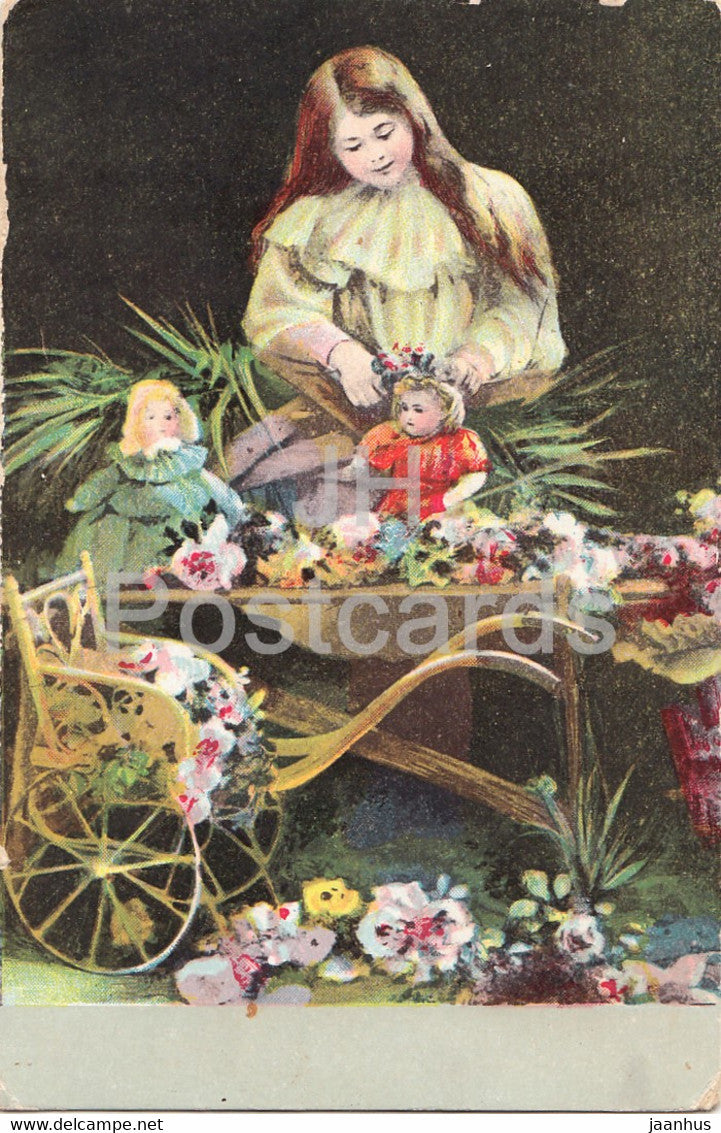 girl with dolls - illustration - EK 4288 - old postcard - unused - JH Postcards