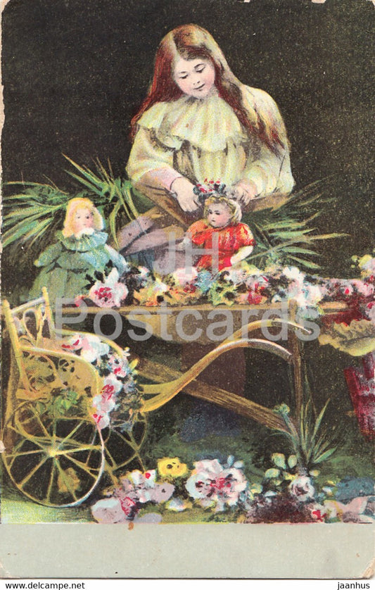girl with dolls - illustration - EK 4288 - old postcard - unused - JH Postcards