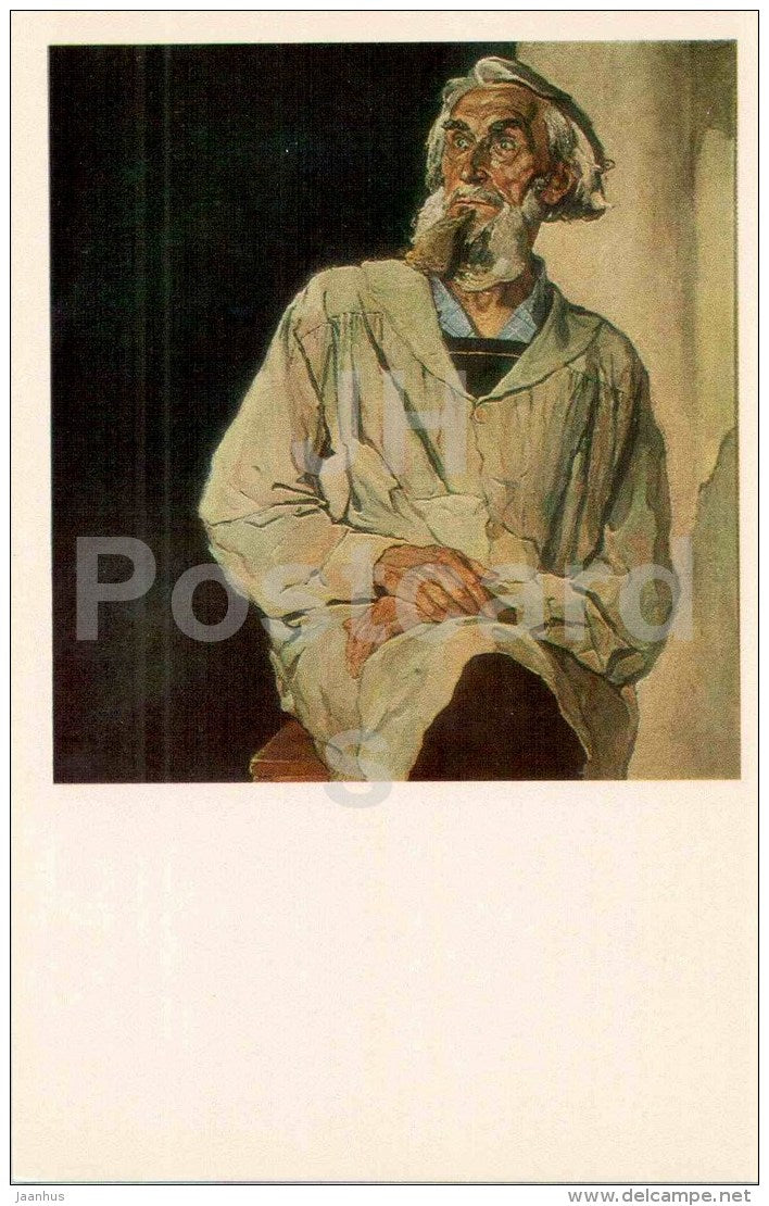 painting by Pavel Korin - portrait of the Sculptor Sergei Konionkov , 1947 - Tretyakov Gallery - russian art - unused - JH Postcards