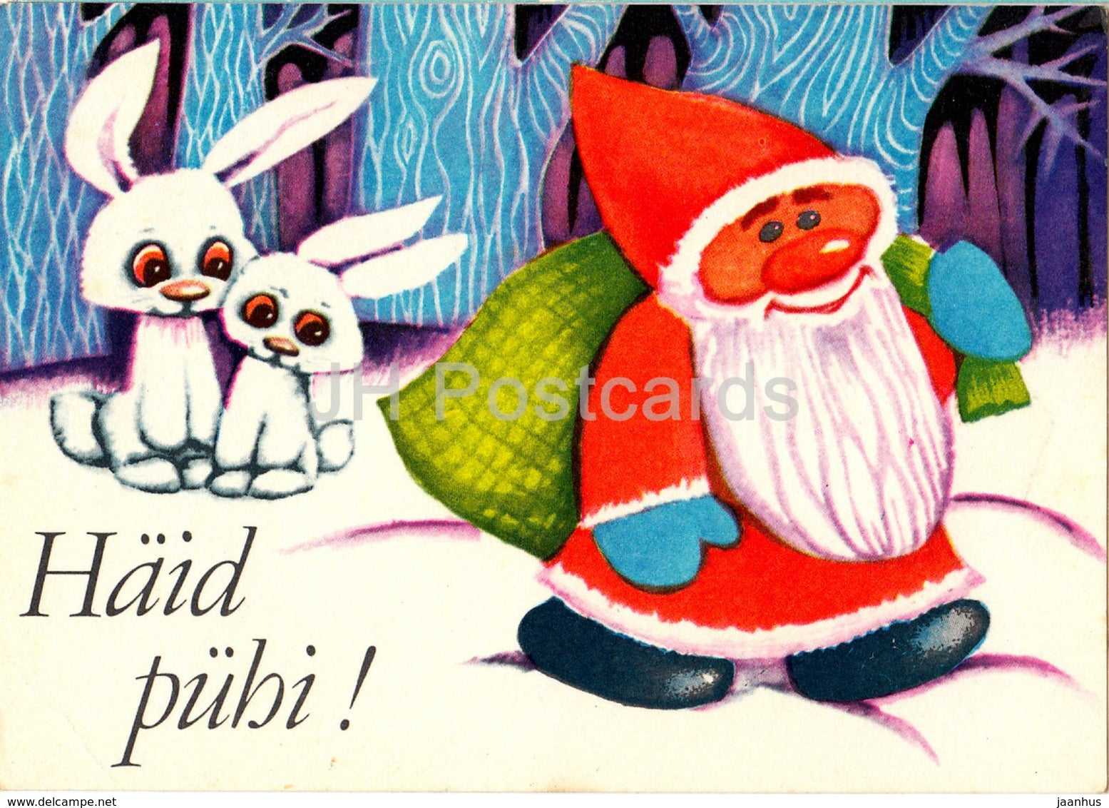 New Year Greeting Card by S. Valjal - Santa Claus - hare - rabbit - 1974 - Estonia USSR - used - JH Postcards
