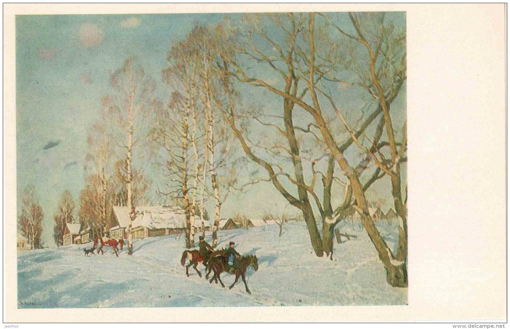 painting by Konstantin Yuon - A Sunny Day in March , 1915 - horse - Tretyakov Gallery - russian art - unused - JH Postcards