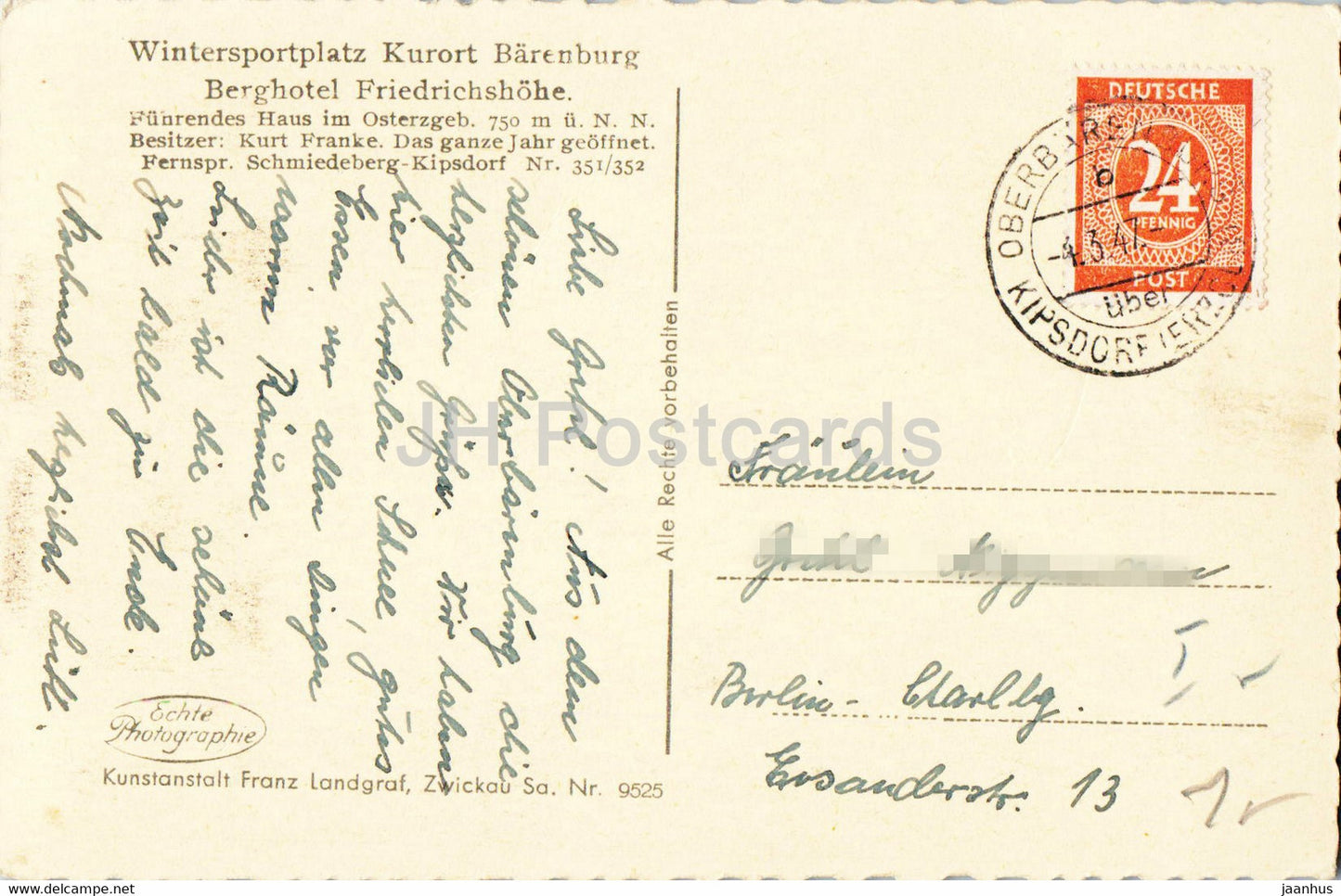 Winterwald im Erzgebirge - Wintersportplatz Kurort Barenburg - old postcard - 1947 - Germany - used