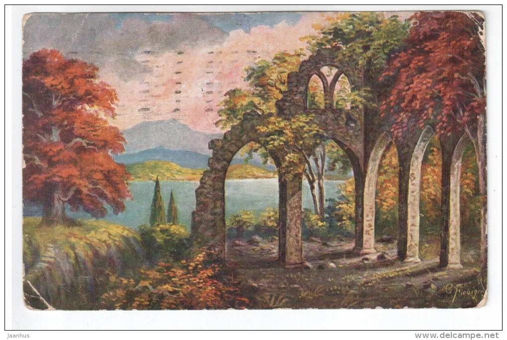 illustration by Fiebiger - ruins , lake - Amag 1123 - old postcard - circulated in Estonia 1929 , Emmaste - used - JH Postcards