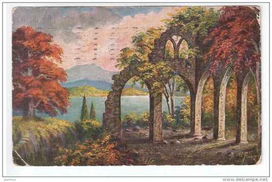 illustration by Fiebiger - ruins , lake - Amag 1123 - old postcard - circulated in Estonia 1929 , Emmaste - used - JH Postcards