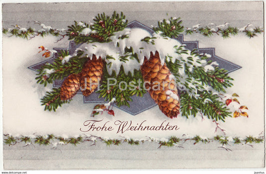 Christmas Greeting Card - Frohe Weihnachten - fir cones - HWB 4810 - old postcard - 1935 - Germany - used - JH Postcards