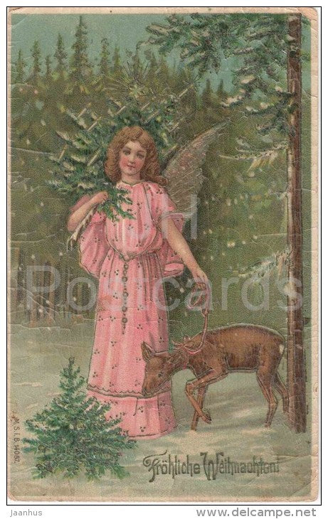christmas greeting card - Fröhliche Weihnachten - angel - deer - M.S. i. B. 14087 - circulated in Imperial Russia - JH Postcards