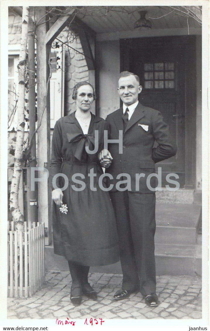 man and woman - couple - photo - old postcard - 1937 - unused - JH Postcards