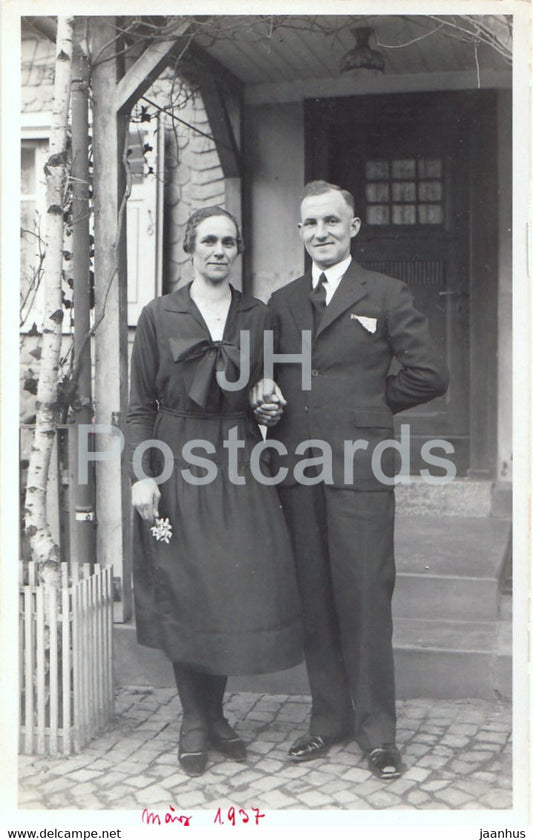 man and woman - couple - photo - old postcard - 1937 - unused - JH Postcards