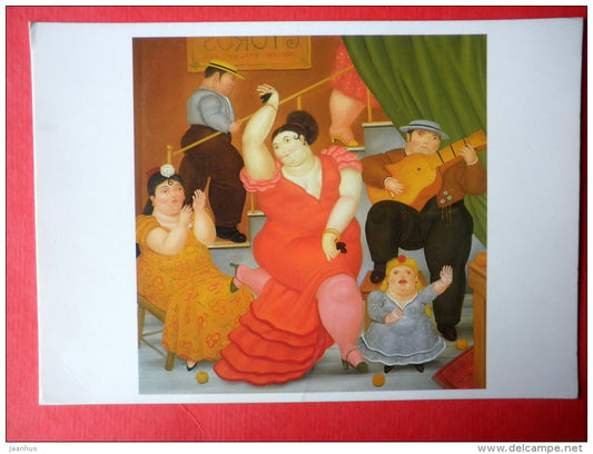 painting by Fernando Botero - Flamenco - women - guitar - columbian art - unused - JH Postcards