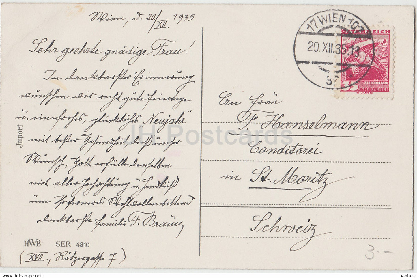 Carte de vœux de Noël - Frohe Weihnachten - pommes de pin - HWB 4810 - carte postale ancienne - 1935 - Allemagne - utilisé