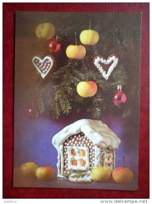 New Year Greeting card - gingerbread house - decorations - apples - 1987 - Estonia USSR - unused - JH Postcards