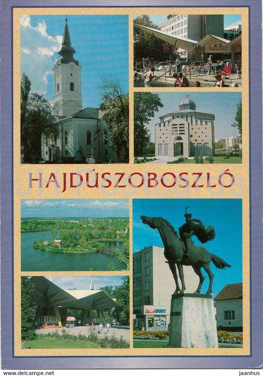 Hajduszoboszlo - Greetings from Hajduszoboszlo - church - monument - horse - multiview - Hungary - used - JH Postcards