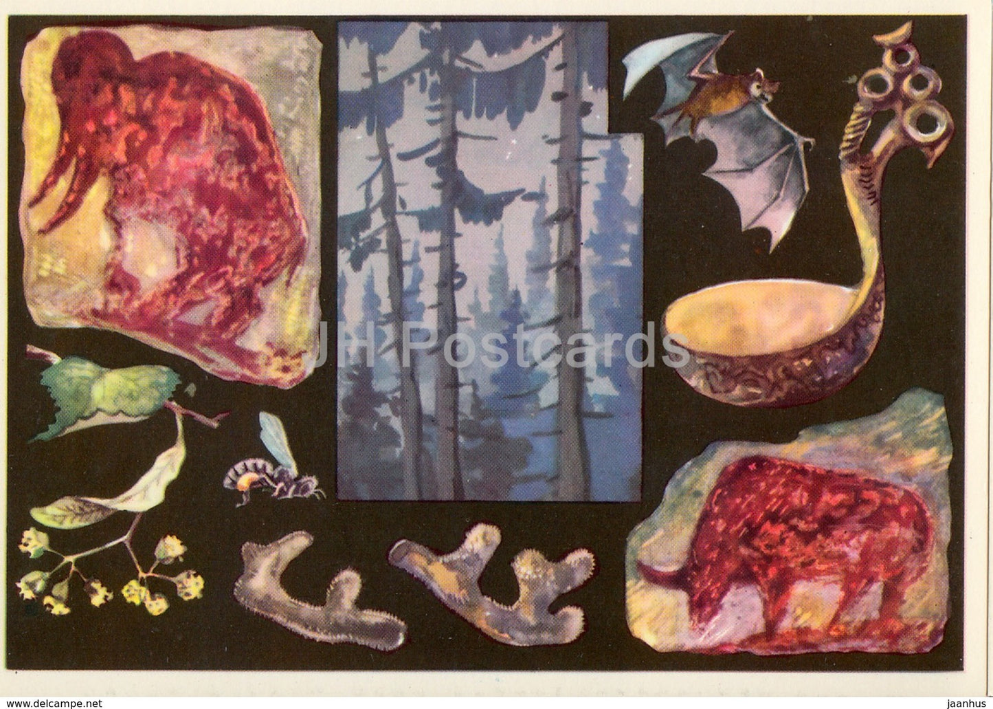 prehistoric cave paintings - bat - Bashkiriya Nature Reserve - 1975 - Russia USSR - unused - JH Postcards